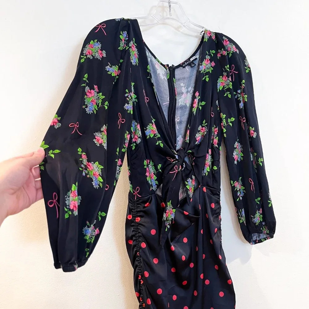 For Love & Lemons Black Satin Floral Bow Polka Dot Cutout Bodycon Midi Dress S - Picture 5 of 12